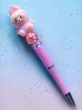 Pink Labubu Bunny Character Ballpoint Pen - Cute Plush Top Kids Toy Pen